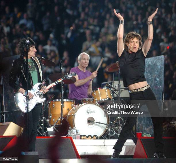 Ron Wood, Charlie Watts and Mick Jagger of The Rolling Stones perform at halftime during Super Bowl XL between the Pittsburgh Steelers and Seattle...