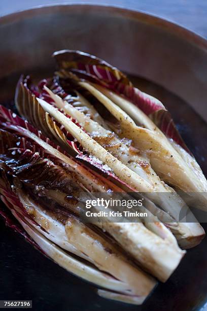 pan of steamed radicchio finished in balsamic sauce with scallions and pepper glaze, high angle view - glazen pot stock pictures, royalty-free photos & images