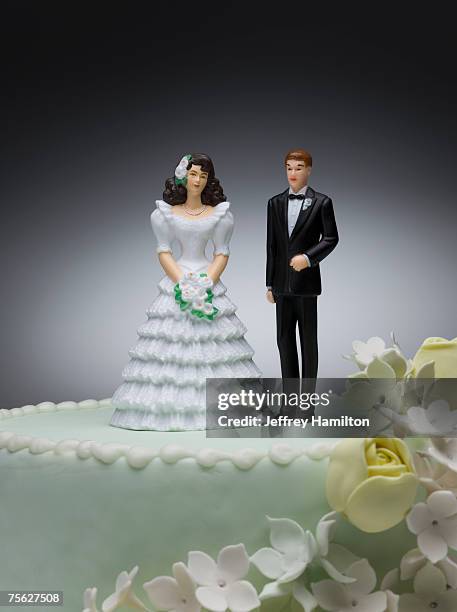 bride and groom figurines on top of wedding cake - adorno floral - fotografias e filmes do acervo