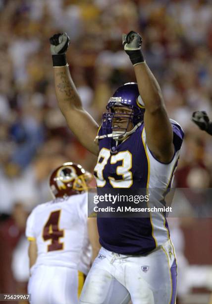 Minnesota Vikings defensive tackle Kevin Williams celebrates as the Washington Redskins miss a late-game, game-tying field goal on ESPN Monday Night...