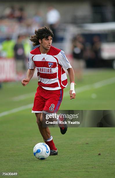 Dallas midfielder Juan Toja takes control of the ball during the FC Dallas against the Chivas USA match on July 4, 2007 at Pizza Hut Park in Frisco,...