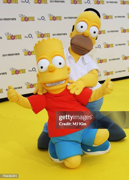 Characters Bart and Homer Simpson arrive at the Simpsons Premier at the O2 Vue cinema, Greenwich on July 25, 2007 in London, England.