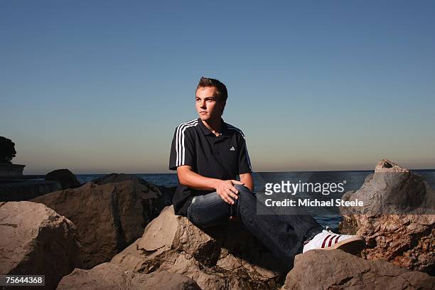 Louis van Zyl, 400 metre hurdler of South Africa poses during a photo shoot at the Larvotto Beach on 25th July,2007 in Monte Carlo,Monaco.