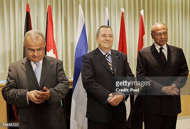 Israeli Defense Minister Ehud Barak Jordan's Foreign Minister Abdul-Ilah Khatib and Egyptian Foreign Minister Ahmed Aboul Gheit pause before a...