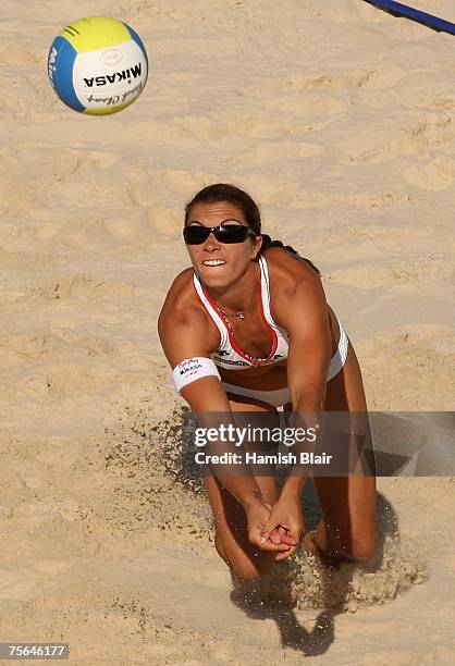 Misty May-Treanor of USA dives for the ball during day two of the FIVB 2007 Beach Volleyball World Championships on July 25, 2007 in Gstaad,...