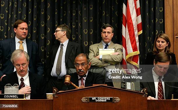 Chairman of U.S. House Judiciary Committee Rep. John Conyers hits the gavel during a mark up July 25, 2007 on Capitol Hill in Washington, DC. The...
