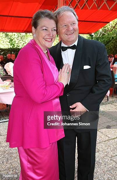Count Endre Esterh?zy and his wife Countess Christine Esterh?zy pose during the first pause of the premiere of the Richard Wagner festival on July...
