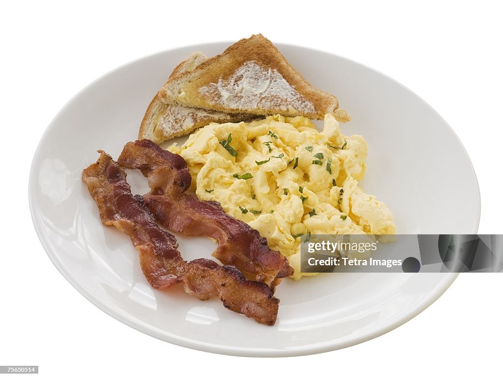 Plate of eggs, toast and bacon