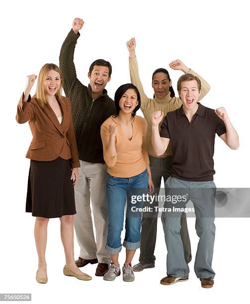 multi-ethnic friends cheering - cheering stockfoto's en -beelden