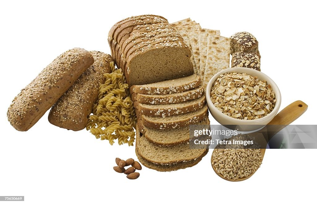 Close up of assorted grains and bread