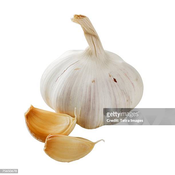 close up of garlic bulb and cloves - garlic stockfoto's en -beelden