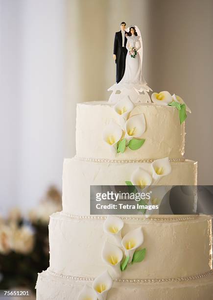 wedding cake with bride and groom figurines - wedding cakes stock pictures, royalty-free photos & images