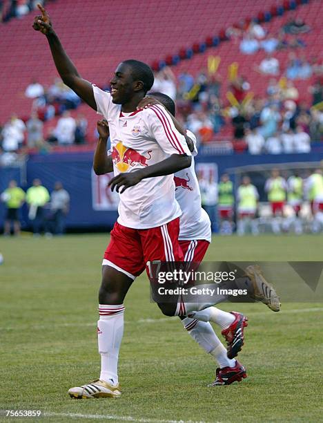 Jozy Altidore of the New York Red Bulls celebrates his goal in the first half against the Chicago Fire at Giants Stadium in the Meadowlands on May...