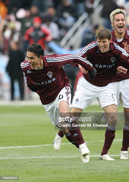 Herculez Gomez of the Colorado Rapids celebrates his goal against D.C. United during the MLS game on April 7, 2007 at Dick's Sporting Goods Park in...