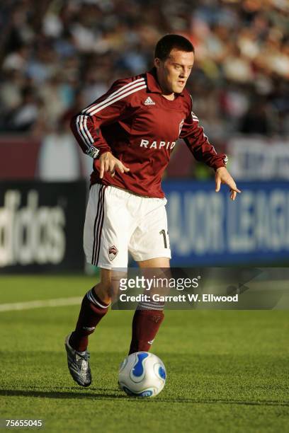 Midfielder Terry Cooke of the Colorado Rapids sets up to square the ball for a shot on goal against FC Dallas in the first half on June 23, 2007 at...
