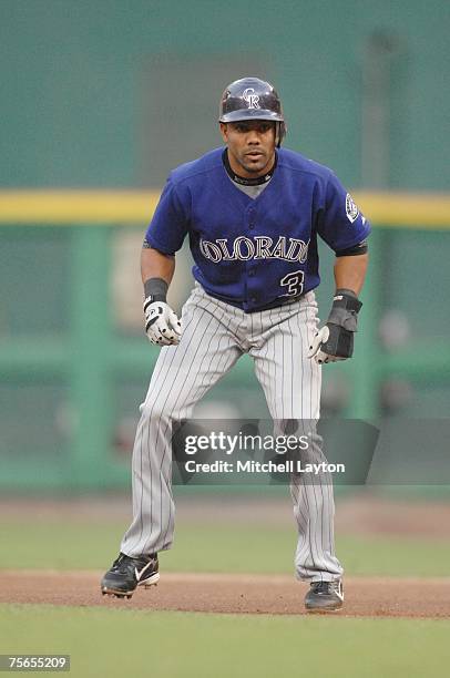 Willy Taveras of the Colorado Rockies leads off first base during a baseball game against the Washington Nationals on July 19, 2007 at RFK Stadium in...