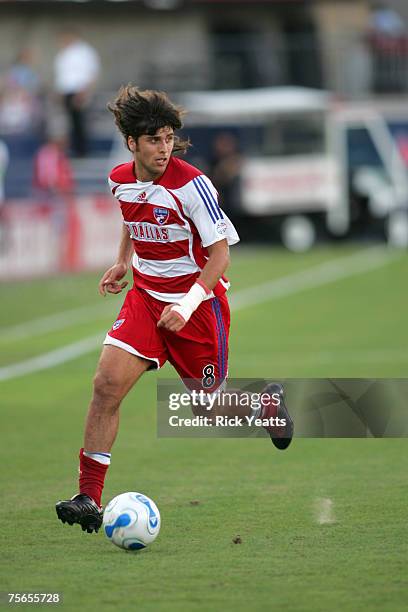 Dallas midfielder Juan Toja takes control of the ball during the FC Dallas against the Chivas USA match on July 4, 2007 at Pizza Hut Park in Frisco,...