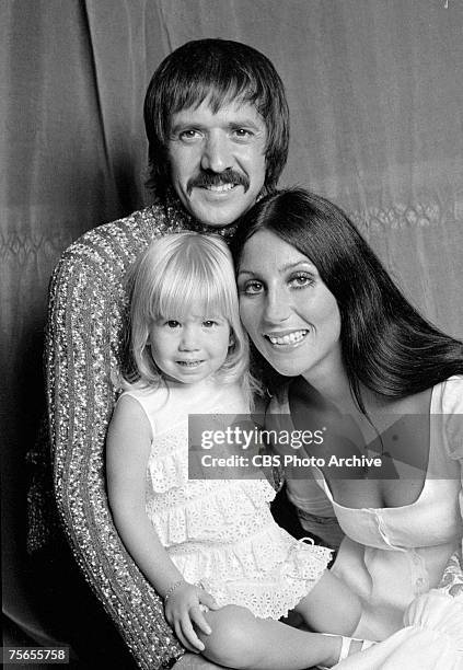 Married American singing and acting duo Sonny Bono and Cher pose with their daughter Chastity Bono for the television variety show 'The Sonny and...