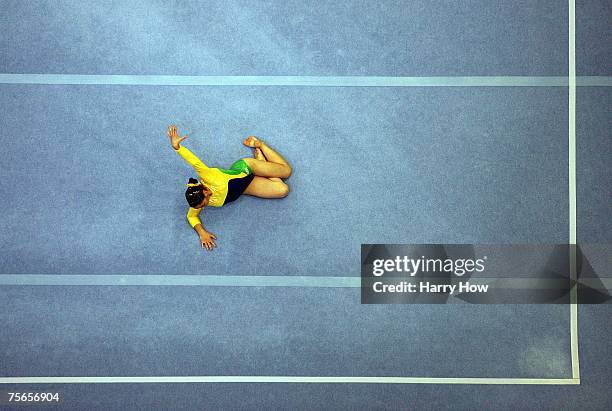 Daniele Hypolito of Brazil competes in the floor exercise during the 2007 XV Pan American Games at Multi Use Arena on July 17, 2007 in Rio de...