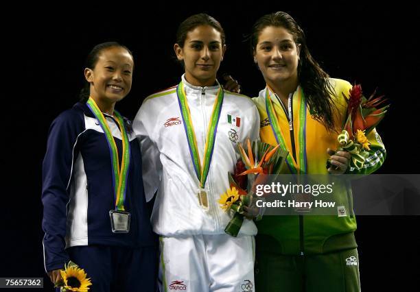 Haley Ishimatsu of the United States , Paola Espinosa of Mexico , and Juliana Veloso of Brazil pose with medals after the Women's 10m Platform...