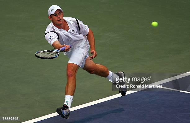 Andy Roddick returns a shot to Evgeny Korolev of Russia during the Indianapolis Tennis Championships on July 25, 2007 at the Indianapolis Tennis...
