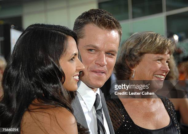 Actor Matt Damon with wife Luciana Damon and mother Nancy Carlsson-Paige arrive to the Los Angeles Premiere of "The Bourne Ultimatum" at the Arclight...