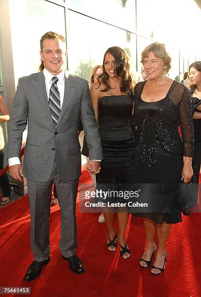 Actor Matt Damon, wife Luciana Damon and mother Nancy Carlsson-Paige arrive to the Los Angeles Premiere of "The Bourne Ultimatum" at the Arclight...