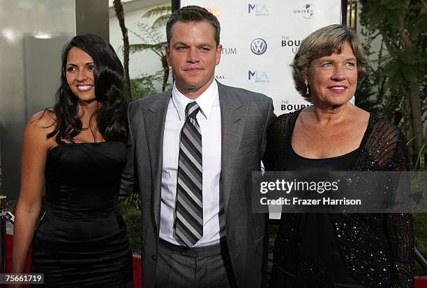 Luciana Damon, actor Matt Damon, and his mother Nancy Carlsson-Paige arrive at Universal Pictures' premiere of "The Bourne Ultimatum" held at the...