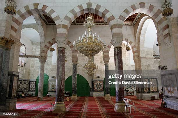 Marble panels and columns and modern mamluk-style arches decorate the western arcade of the al-Aqsa mosque on July 18, 2007 on the Temple Mount,...