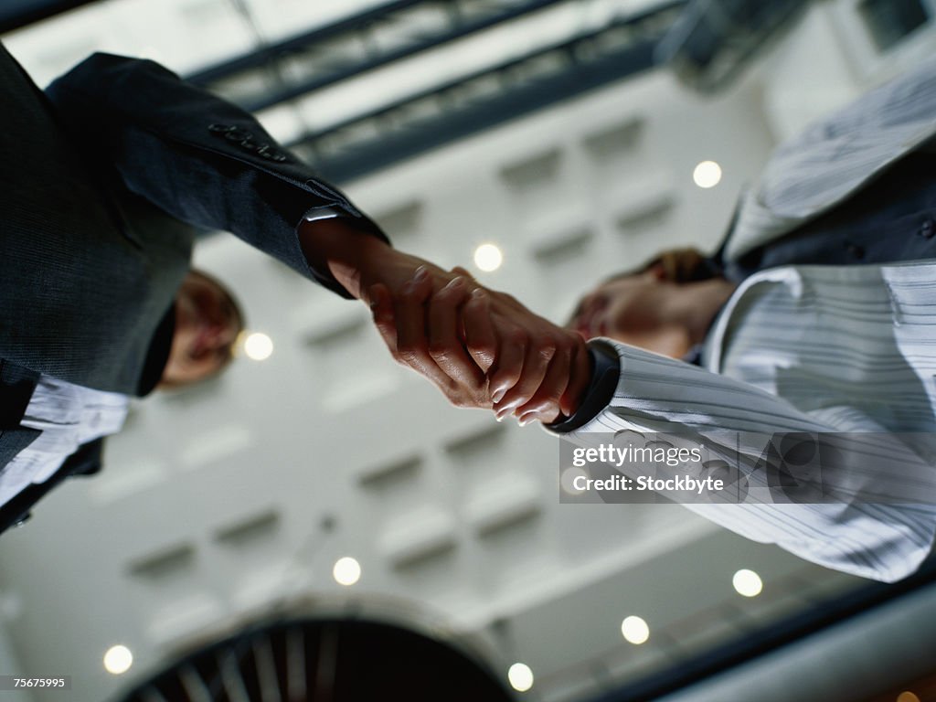 Businesspeople shaking hands, low angle view