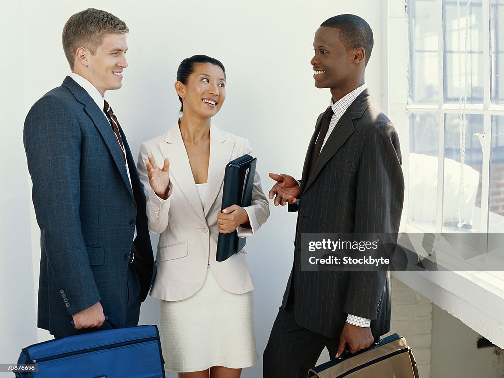 Three businesspeople having discussion, smiling