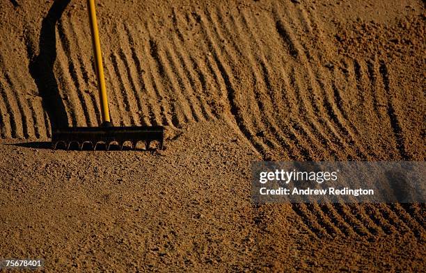 Detail shot of a rake in a bunker during the first round of the Evian Masters on July 26, 2007 in Evian, France.