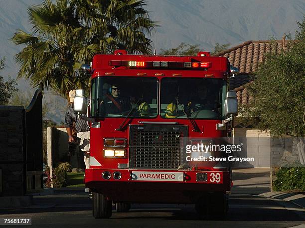 Riverside Fire Fighter's Rig escorts John Daly to his hitting clinic for the firefighters and their families at PGA West, The Norman Course in La...