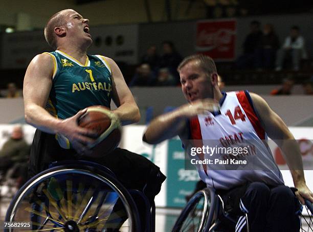 Shaun Norris of the Rollers attempts to have a shot during game two of the four-game international wheelchair basketball series between the...