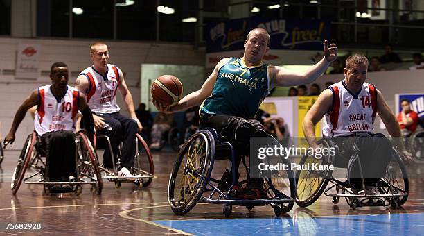 Shaun Norris of the Rollers prepares to have a shot at goal during game two of the four-game international wheelchair basketball series between the...