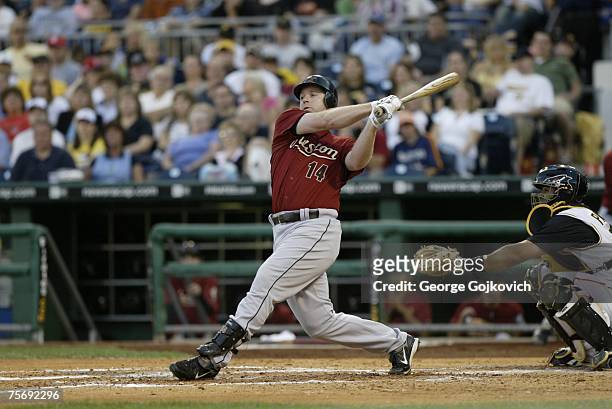 Third baseman Morgan Ensberg of the Houston Astros bats against the Pittsburgh Pirates at PNC Park on July 21, 2007 in Pittsburgh, Pennsylvania. The...