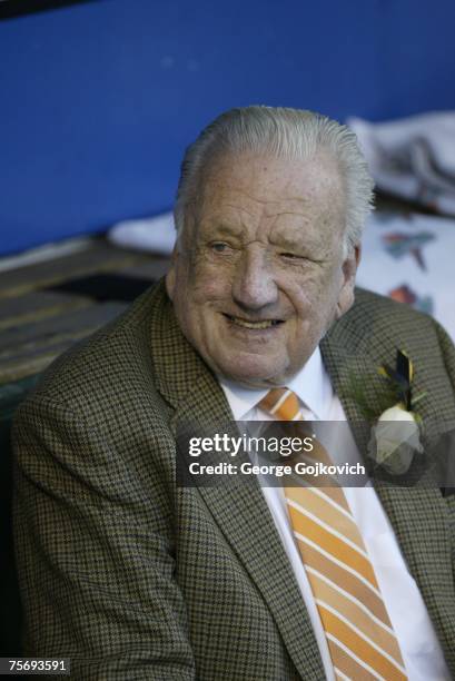 Ralph Kiner, former outfielder for the Pittsburgh Pirates and a member of the National Baseball Hall of Fame, visits the Pirates dugout prior to a...