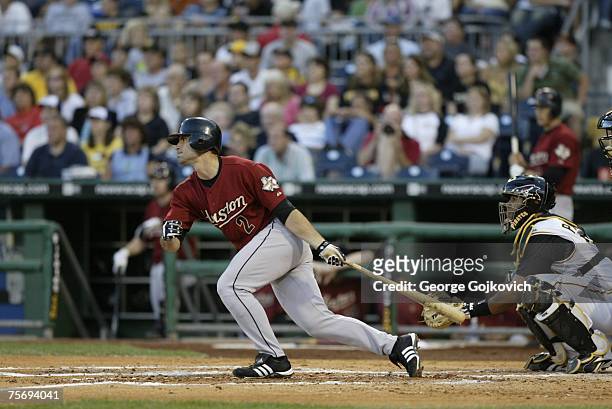 Outfielder Chris Burke of the Houston Astros bats against the Pittsburgh Pirates at PNC Park on July 21, 2007 in Pittsburgh, Pennsylvania. The...