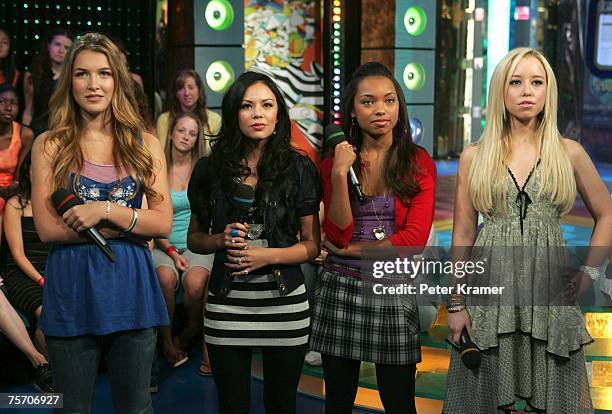 Actors Nathalia Ramos, Janel Parrish, Logan Browning and Skyler Shaye of "Bratz" make an appearance on MtV's Total Request Live on July 24, 2007 in...