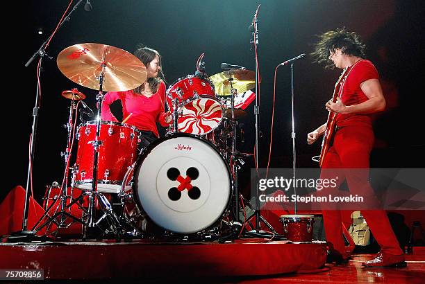 Musicians Meg White and Jack White of the White Stripes performing at Madison Square Garden on July 24th, 2007 in New York City.
