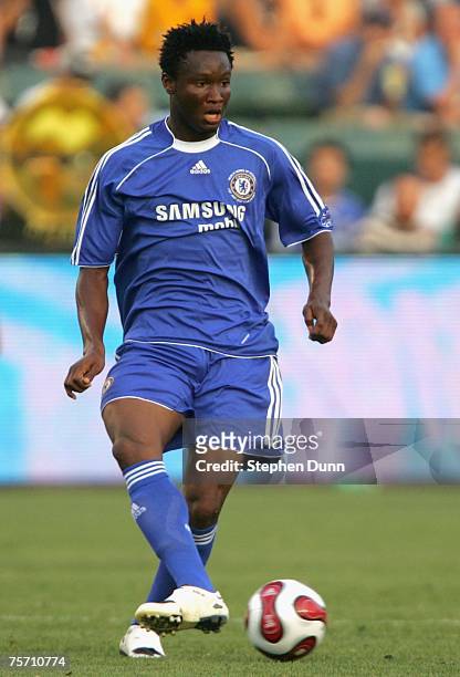 John Mikel Obi of Chelsea FC passes the ball against the Los Angeles Galaxy during the World Series of Football match at the Home Depot Center on...