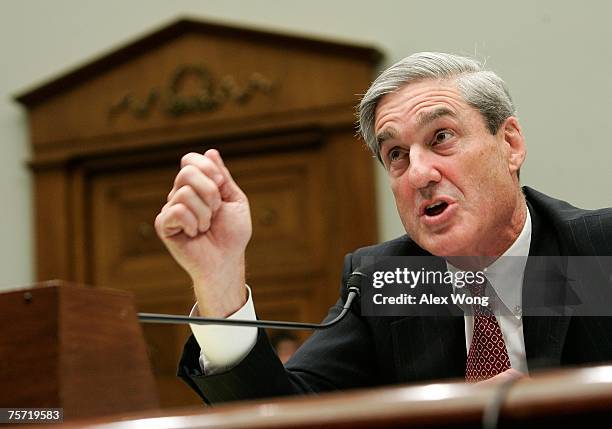 Director Robert Mueller testifies during a hearing before the House Judiciary Committee July 26, 2007 on Capitol Hill in Washington, DC. The hearing...