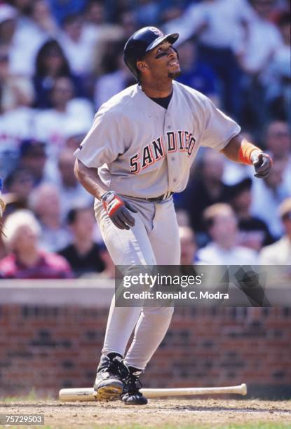 Gary Sheffield of the San Diego Padres batting during a MLB game against the Chicago Cubs on June 3, 1992 in Wrigley Field in Chicago, Illinois.