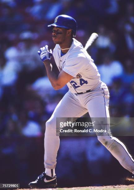 Ken Griffey Jr. #24 of the Seattle Mariners batting during a game against the Milwaukee Brewers on May 22, 1990 in Milwaukee, Wisconsin.