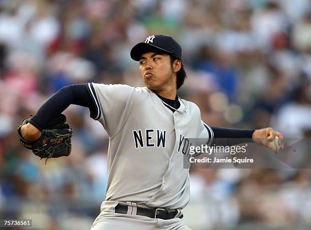 Starting pitcher Kei Igawa of the New York Yankees pitches during the 2nd inning of the game against the Kansas City Royals on July 26, 2007 at...