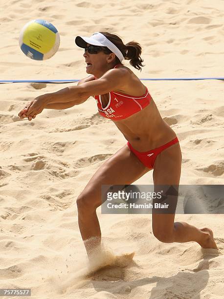 Rachel Wacholder of USA digs the ball during day four of the FIVB 2007 Beach Volleyball World Championships on July 27, 2007 in Gstaad, Switzerland.