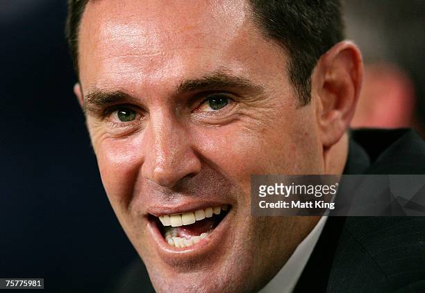Roosters coach Brad Fittler celebrates during the round 20 NRL match between the Sydney Roosters and the Melbourne Storm at the Sydney Football...