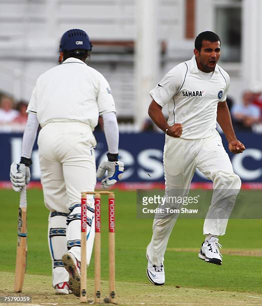 Zaheer Khan of India celebrates the wicket of Michael Vaughan of England during day one of the Second Test match between England and India at Trent...