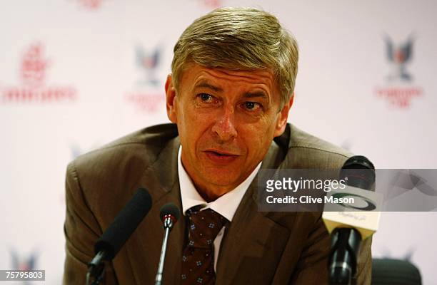 Arsene Wenger, manager of Arsenal, speaks during a press conference prior to the Emirates Cup on July 27, 2007 in London, England.