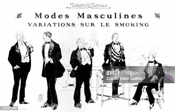 An advertisment depicting variations on the smoking jacket, 1909. Original artist : Roda.